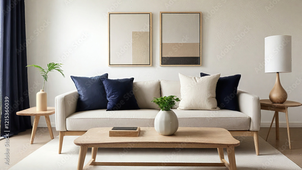 Obraz premium 2 Color Sofa Combination Cushions in Light Living Room, Abstract Art and Coffee table, Modern Contemporary Interior design Background.