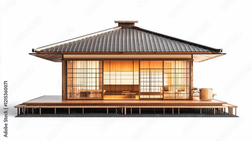 Japanese house model, interior view, white background, architecture design Japanese house model, interior view, white background, architecture design