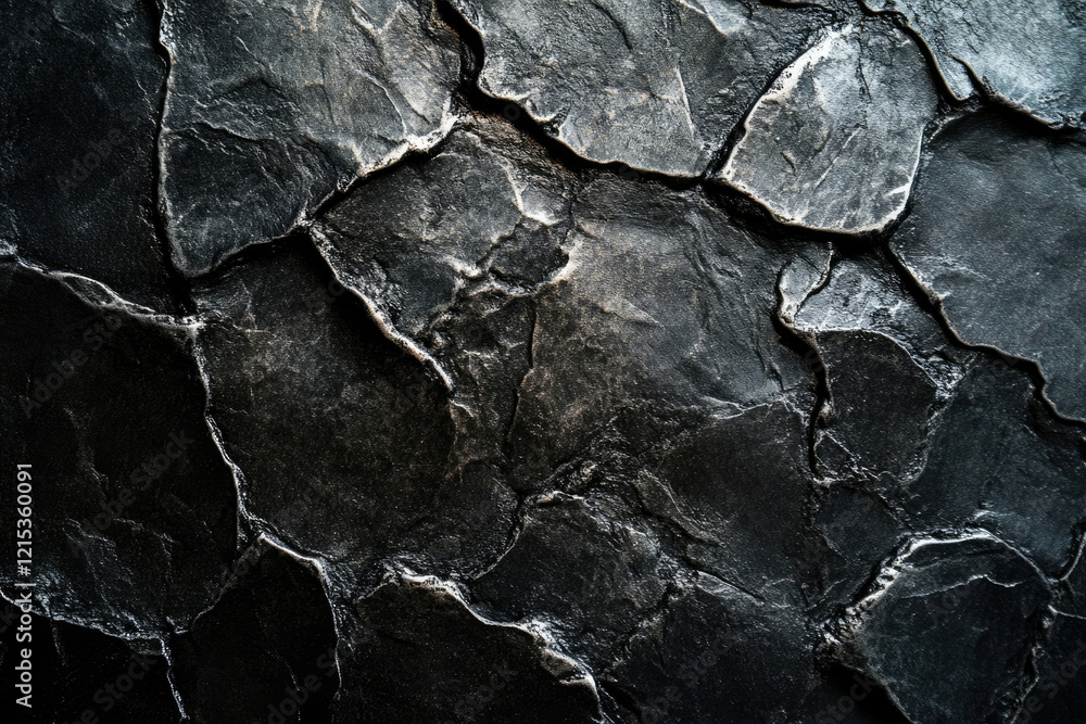 Dark, textured stone surface with irregular, fragmented shapes and deep shadows. Dark, textured stone surface with irregular, fragmented shapes and deep shadows.
