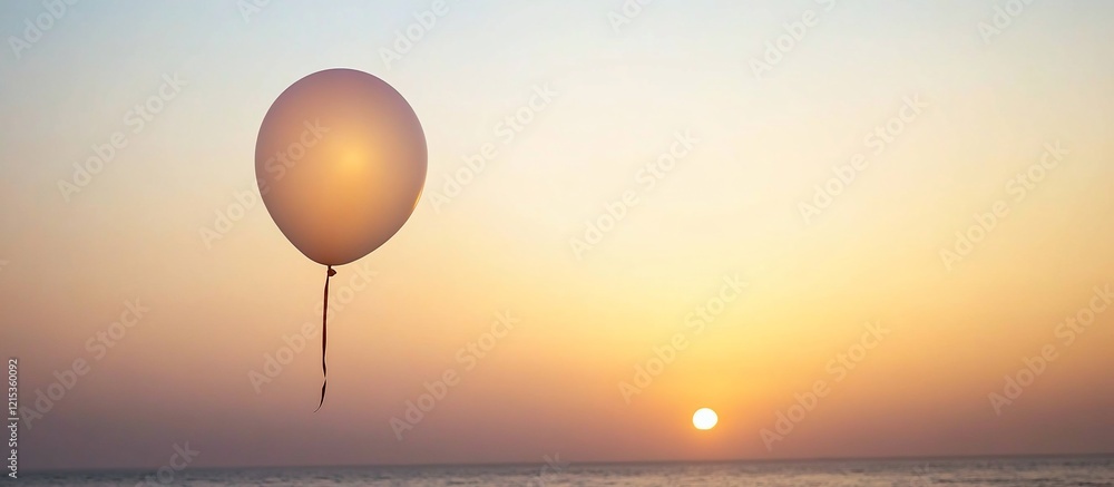 Balloon floats ocean sunset, hope symbol Balloon floats ocean sunset, hope symbol