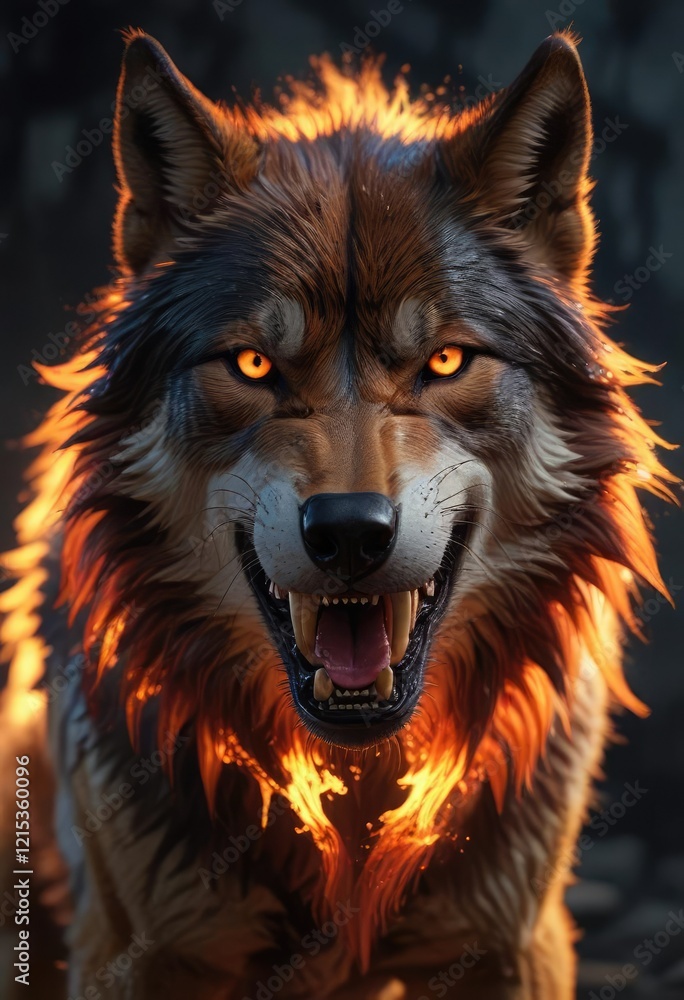 Flame-lit wolf with fiery fur and sharp teeth, wild instincts, fiery form, savage appearance Flame-lit wolf with fiery fur and sharp teeth, wild instincts, fiery form, savage appearance