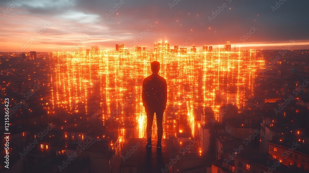 Fototapeta premium Man Silhouetted Against a Glowing Cityscape at Sunset