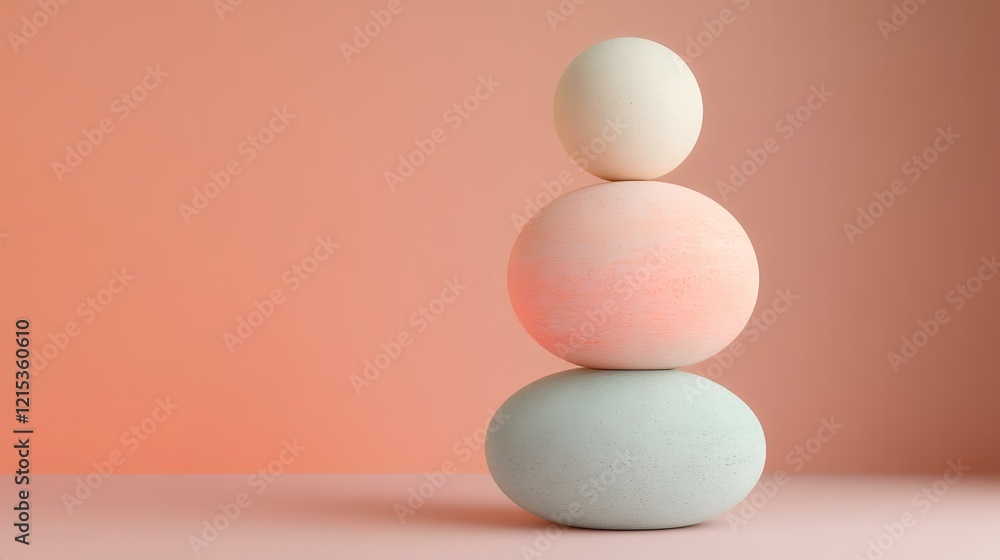 Pastel eggs balanced, minimalist studio shot, peach background, concept image for blogs, websites, or social media Pastel eggs balanced, minimalist studio shot, peach background, concept image for blogs, websites, or social media