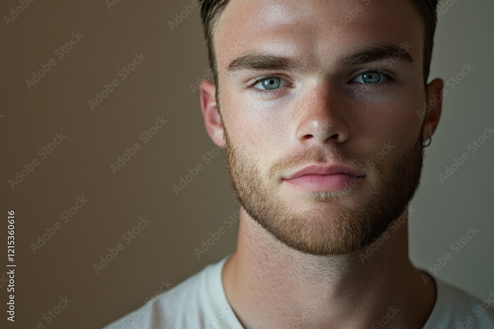 Naklejka premium Close-Up Portrait of a Young Man with Striking Blue Eyes and a Well-Groomed Beard