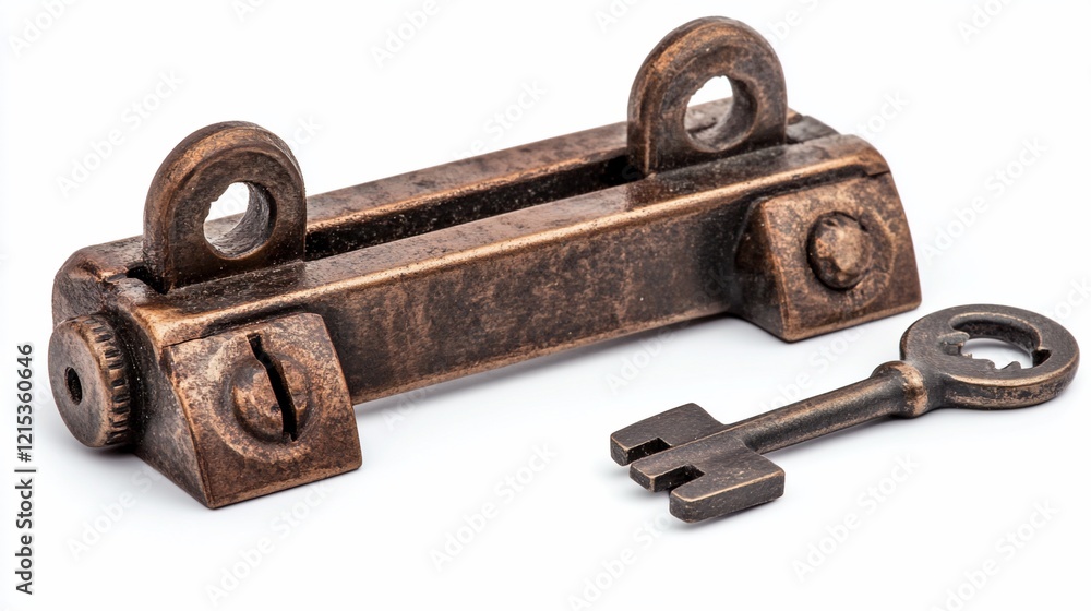 Antique bronze window lock key studio shot white background security