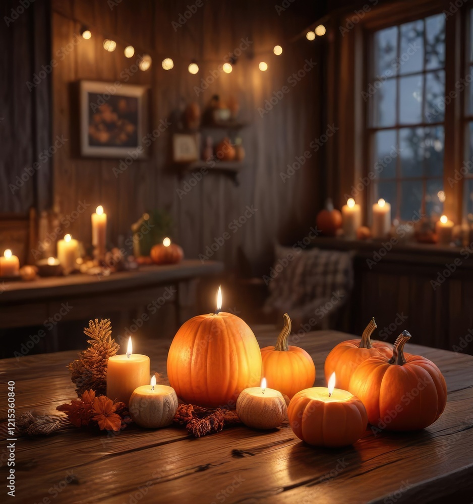 Obraz premium Cozy fall evening scene featuring soft glowing candles and pumpkins on a wooden table, featuring a rustic and autumnal atmosphere, fall, rustic decor