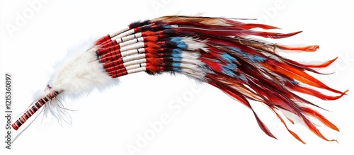 Native American feather fan, studio shot, white background, ceremonial use