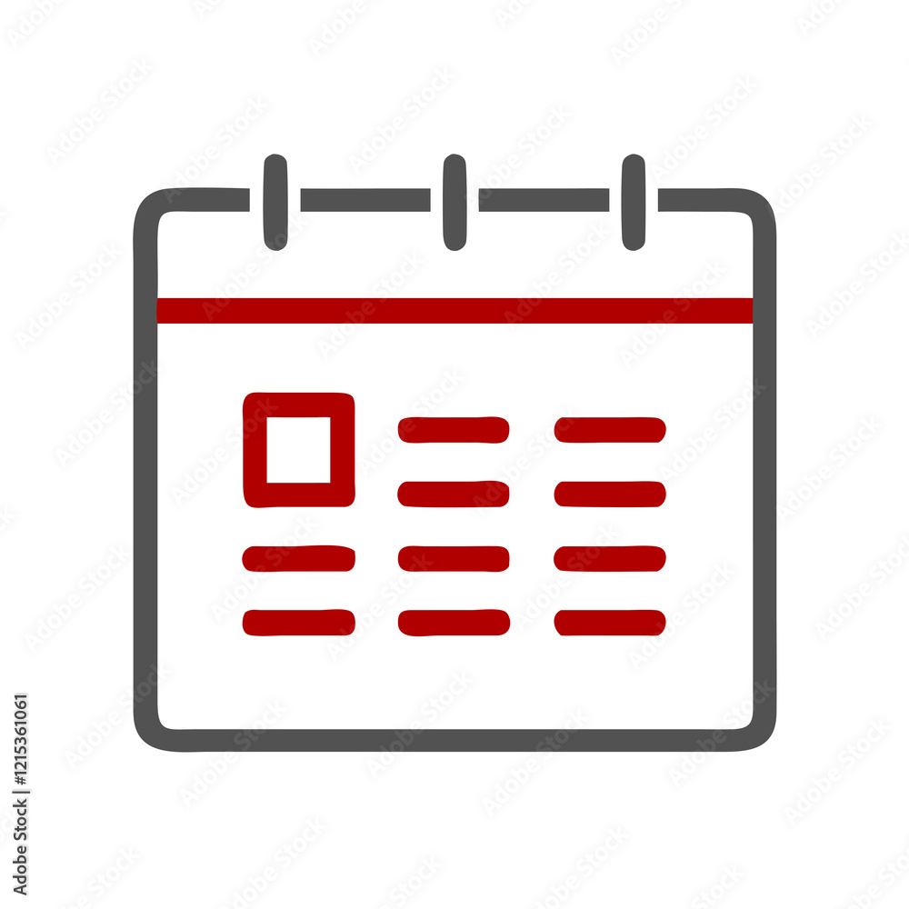A simple calendar icon features a red and gray color scheme, with a minimalistic design A simple calendar icon features a red and gray color scheme, with a minimalistic design
