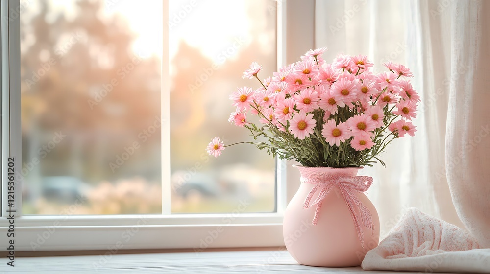 Pink daisies in vase by window, sunny autumn day, blurred cars. Perfect for home decor blogs Pink daisies in vase by window, sunny autumn day, blurred cars. Perfect for home decor blogs