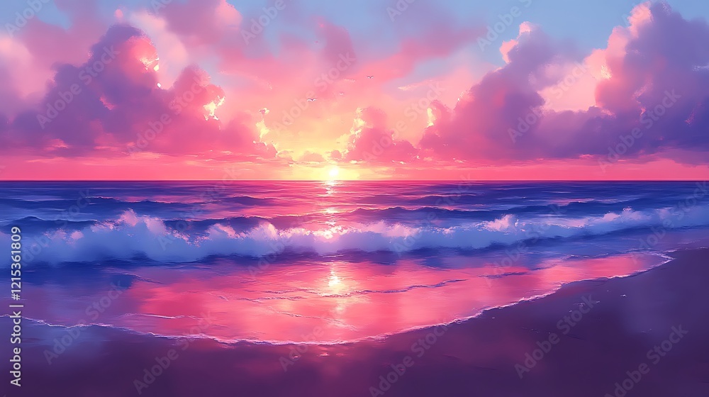 Naklejka premium Pink Sunset Over Ocean Waves Beach Scene