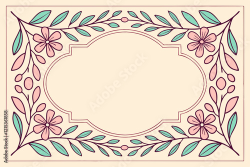frame with flowers and leaves. Boho leaves branches and blooming print for poster, social media and packaging or greeting card. Vector illustration
