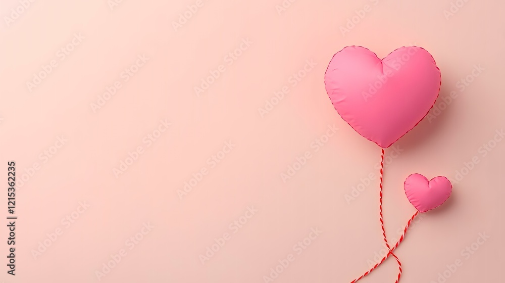 Pink hearts, string, pastel background, love, Valentine's Day card Pink hearts, string, pastel background, love, Valentine's Day card