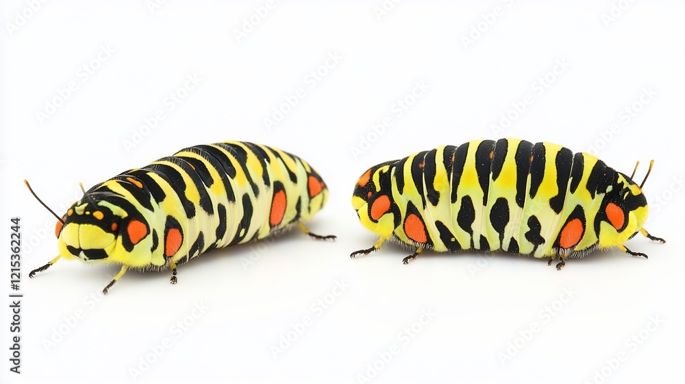 Two colorful caterpillars crawling on white background, studio shot, insect study Two colorful caterpillars crawling on white background, studio shot, insect study
