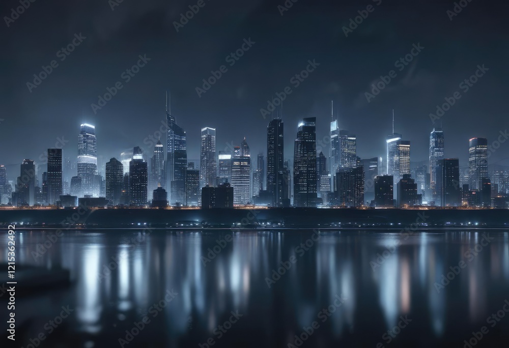 Fototapeta premium Darkened blue gradient with blurred cityscape and nighttime atmosphere, urban landscape, nighttime atmosphere