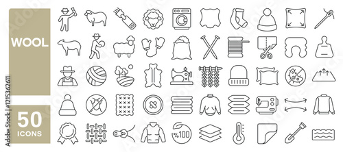 Set of 50 line icons related to wool, sheep, textile, fiber, clothes, fabric, knit, ball, needle, craft, sew, Editable stroke. Vector illustration