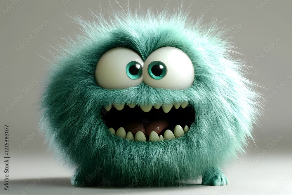 Fototapeta premium Sage Fuzzy Friend: Adorable 3D Monster Cartoon Character