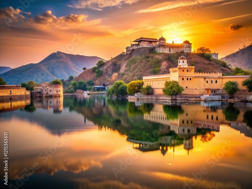 Minimalist View of Nawal Sagar Lake & Taragarh Fort, Bundi, Rajasthan photo