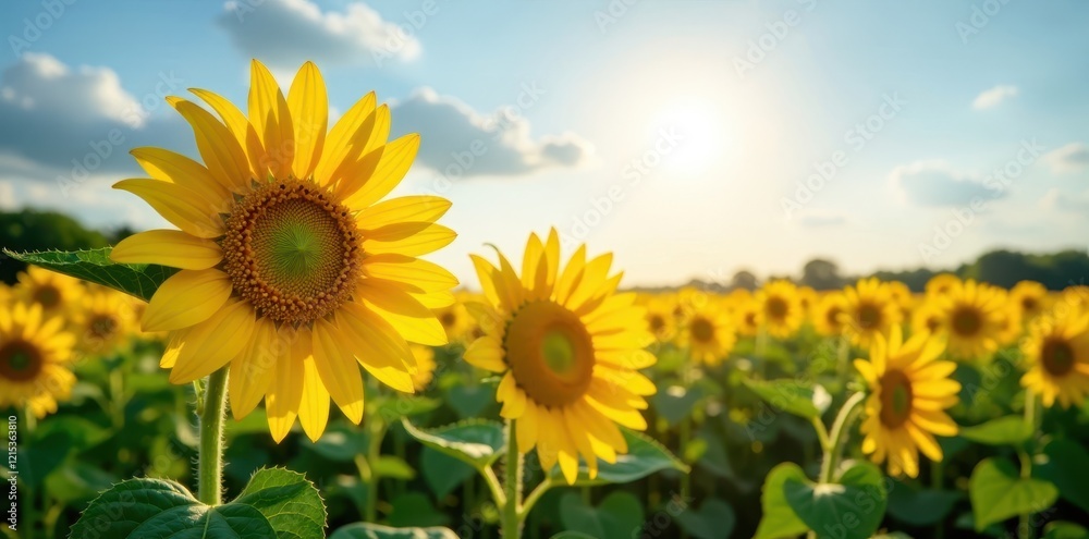 Obraz premium Vibrant sunflowers in a summer field, bright sun , plants, image, sun