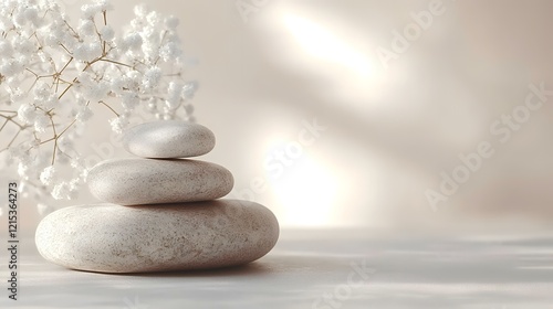 Serene spa stones and flowers, peaceful background, wellness concept, ideal for relaxation brochures