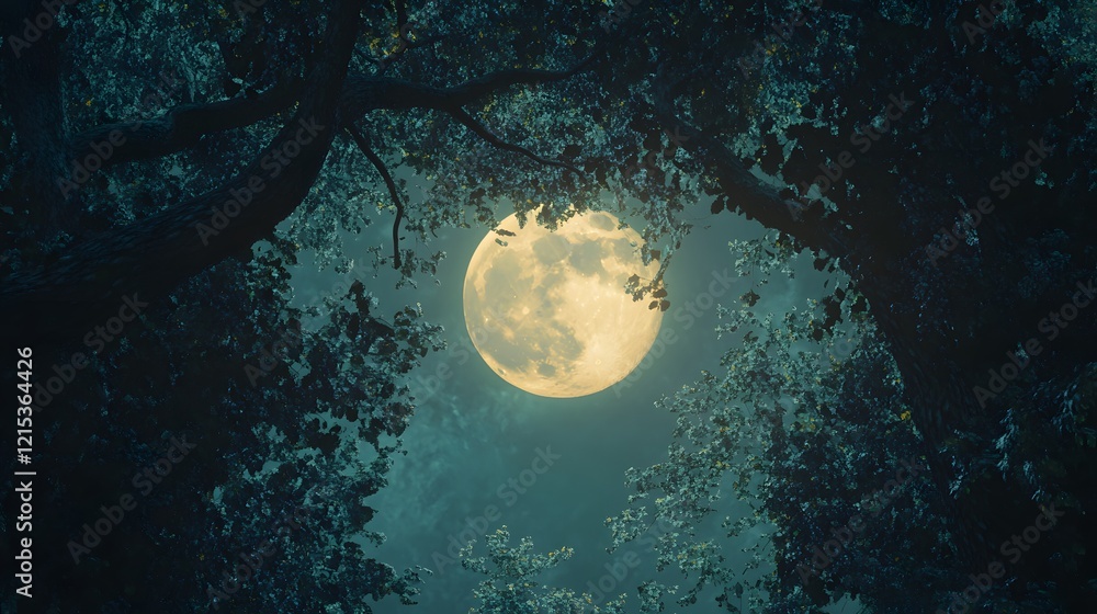 Fototapeta premium Full Moon Night Scene Through Dark Tree Branches