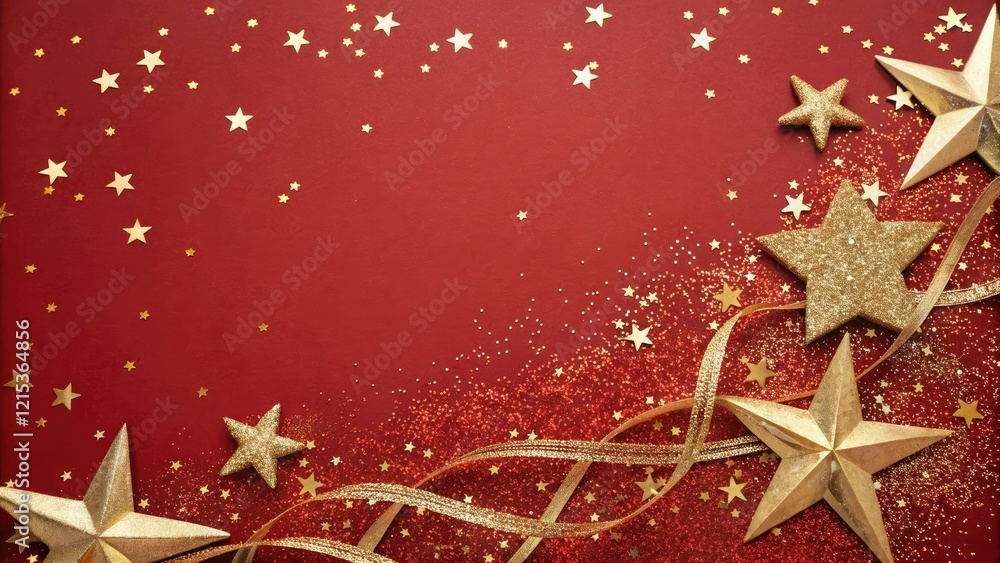Festive red and gold background with twinkling stars and glitter, joyful feel, Festive red and gold background with twinkling stars and glitter, joyful feel,