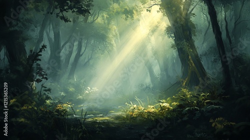 Sunbeams in mystical forest, path, plants, fantasy landscape, game background photo