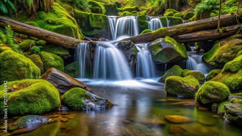 Dripping water splashes into a shallow pool of water filled with slippery rocks and moss-covered logs, plant life, slow-moving water, mossy surface, rocky terrain