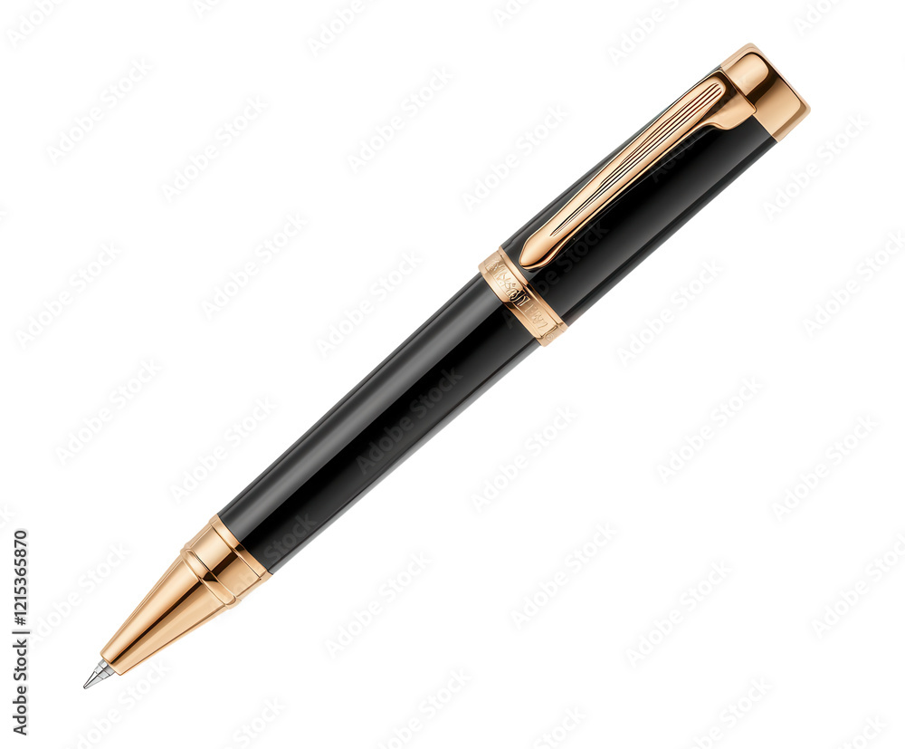 A sleek metallic pen with a glossy finish and gold accents. PNG transparent. A sleek metallic pen with a glossy finish and gold accents. PNG transparent.