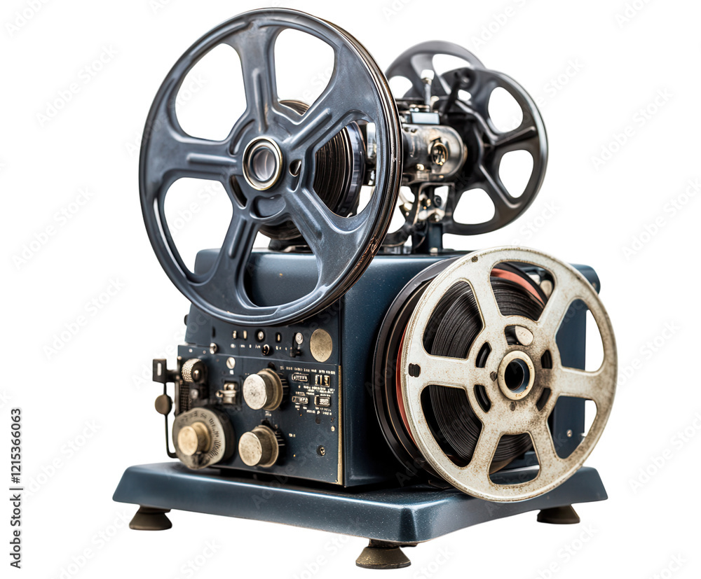 Naklejka premium A vintage movie projector with reels and a retro design. PNG transparent.