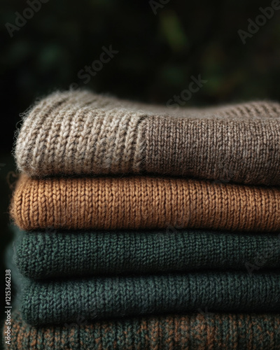 Stack of knitted woolen sweaters in neutral earth tones photo