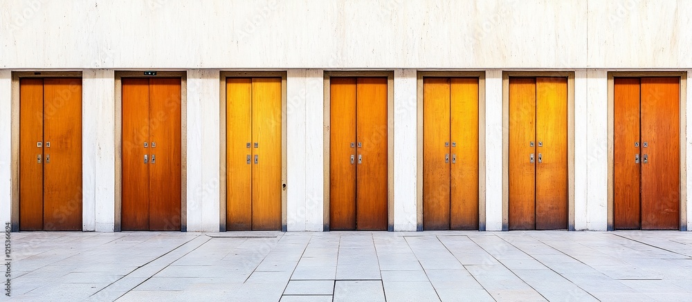 Six wood elevator doors, building exterior, sunny day, marble floor Six wood elevator doors, building exterior, sunny day, marble floor