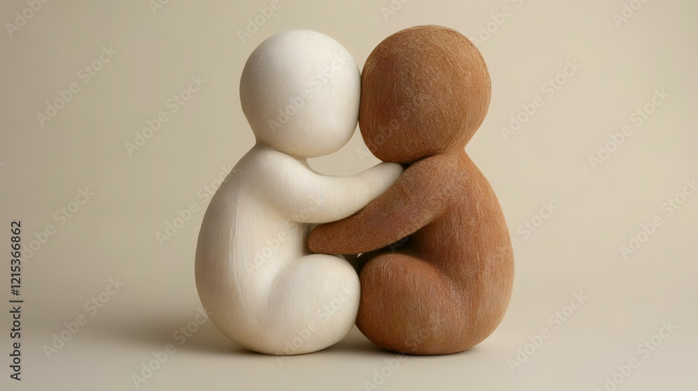 Two embracing figurines, unity concept, beige background, symbolizes togetherness; ideal for diversity, inclusion, and relationship themes Two embracing figurines, unity concept, beige background, symbolizes togetherness; ideal for diversity, inclusion, and relationship themes