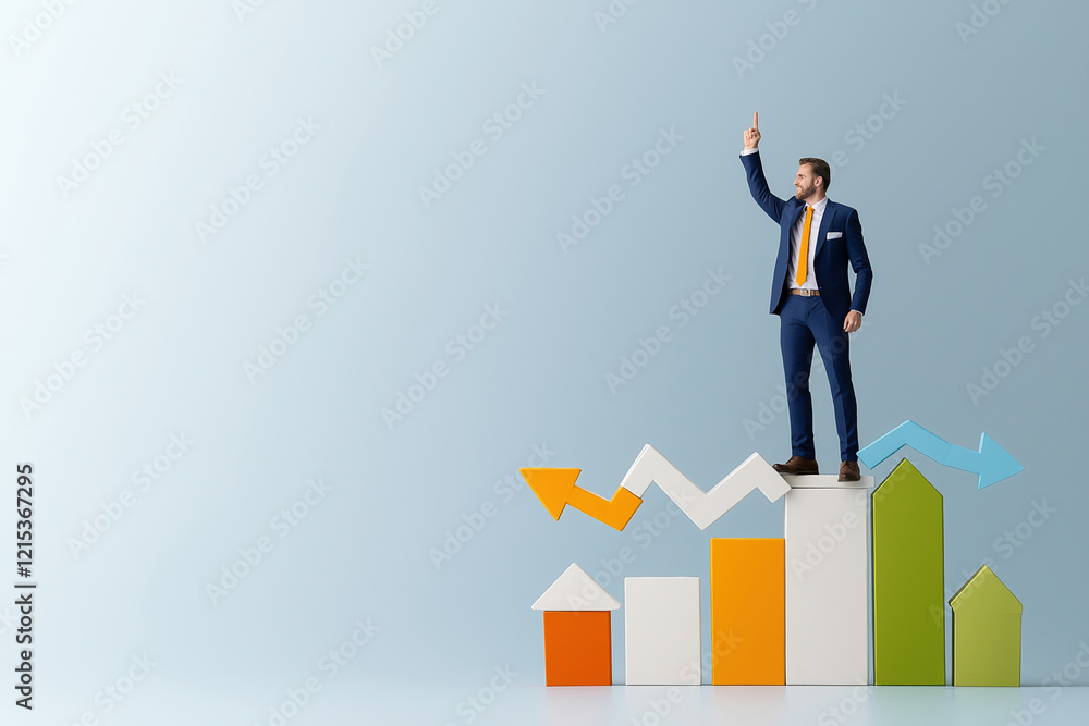 Businessman celebrating success on top of a colorful growth chart in a modern office Businessman celebrating success on top of a colorful growth chart in a modern office