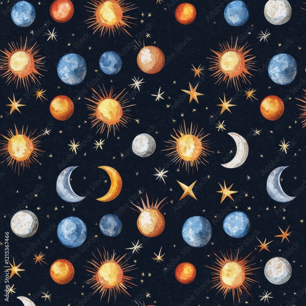 Engaging celestial pattern of stylized suns and moons for children's decor vibrant colors on dark background gigapixel quality Engaging celestial pattern of stylized suns and moons for children's decor vibrant colors on dark background gigapixel quality