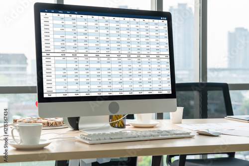 Accounting software on computer screen showing financial statement spreadsheets and account balance of corporate business offer accountant a fine calculation accounting snugly photo