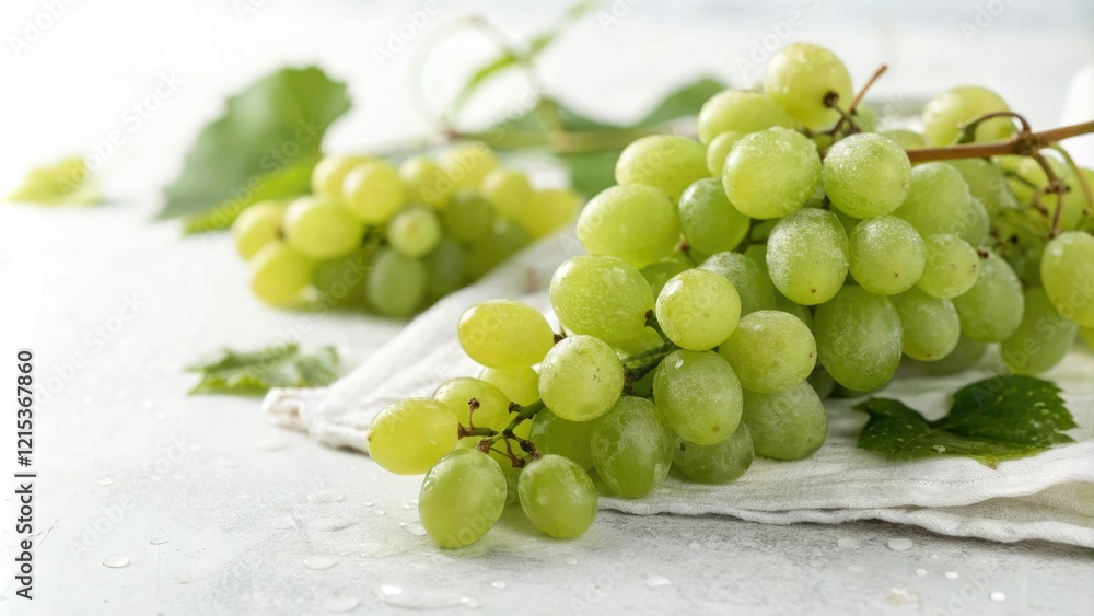 Fresh green grapes cluster isolated on a crisp white background with slight texture and soft focus effect, fruit, white Fresh green grapes cluster isolated on a crisp white background with slight texture and soft focus effect, fruit, white