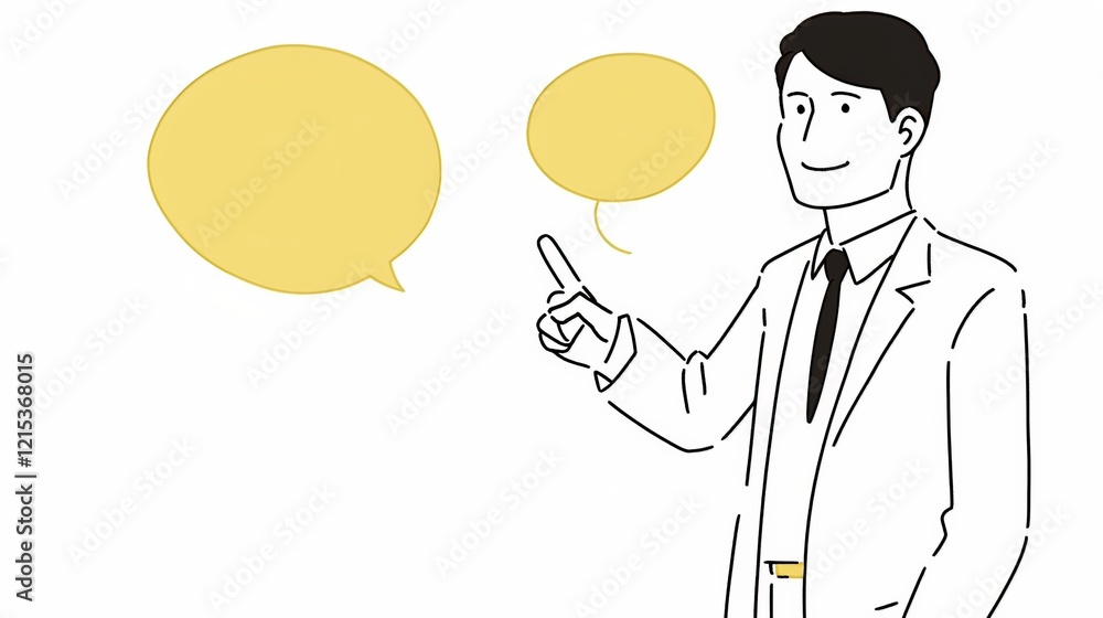 an Asian businessman in a suit, smiling and pointing up with a yellow speech bubble, flat vector style on a white background. an Asian businessman in a suit, smiling and pointing up with a yellow speech bubble, flat vector style on a white background.