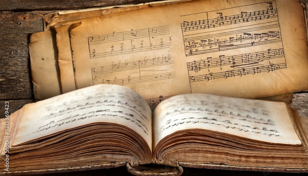 Fototapeta premium antique sheet music vintage notes book open pages aged paper rustic background musical heritage classical composition nostalgic harmony retro design historical texture warm tones learn play banner ad