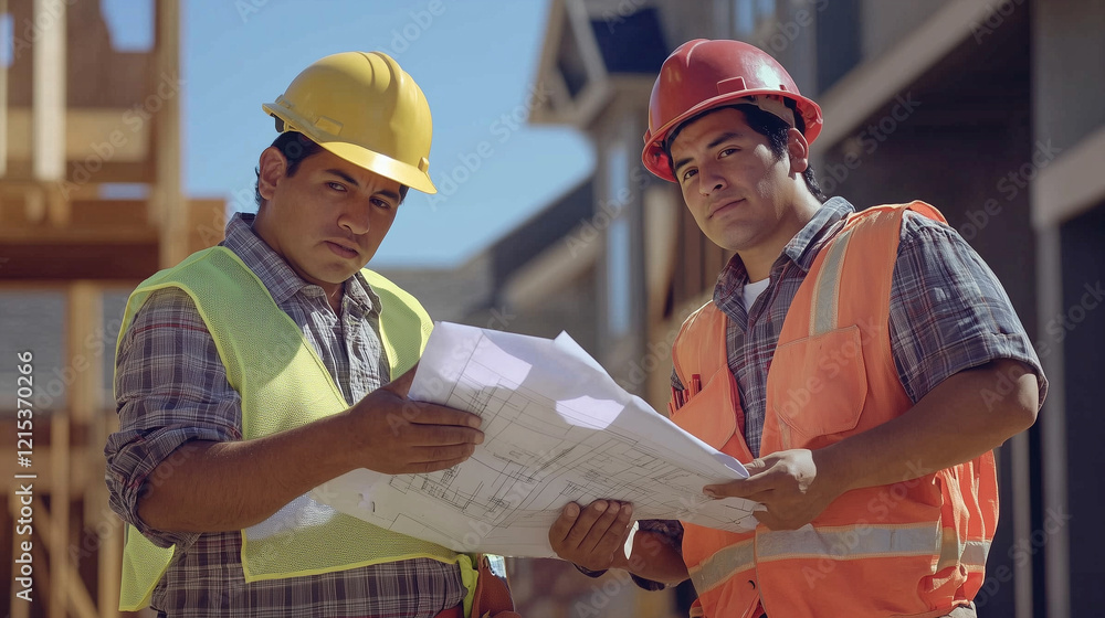 copy space, hispanic construction workers looking at blueprints at construction site, wearing safety clothing and hardhat, faces visible. Latin engineer, worker on construction site, building. copy space, hispanic construction workers looking at blueprints at construction site, wearing safety clothing and hardhat, faces visible. Latin engineer, worker on construction site, building.