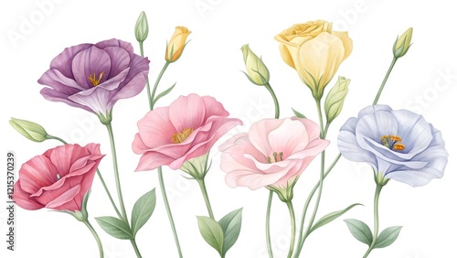 Wallpaper Mural A delicate watercolor illustration depicts a collection of lisianthus flowers in various pastel colors  Torontodigital.ca