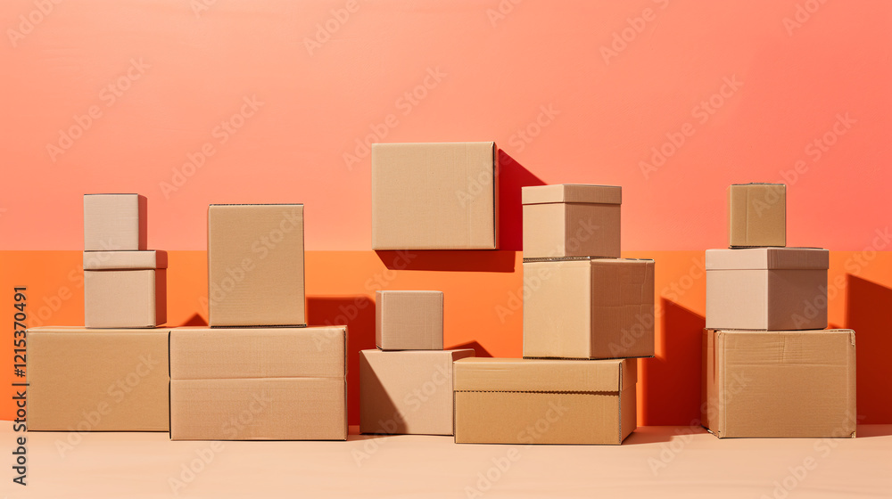 Obraz premium Various sizes of cardboard boxes stacked in front of a vibrant background