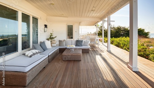 modern beach coastal veranda porch sofa pillows lounge white paint natural timber wood deck roof hamptons luxury bbq backyard patio house resort vibes contemporary cape cod summer home outdoor living