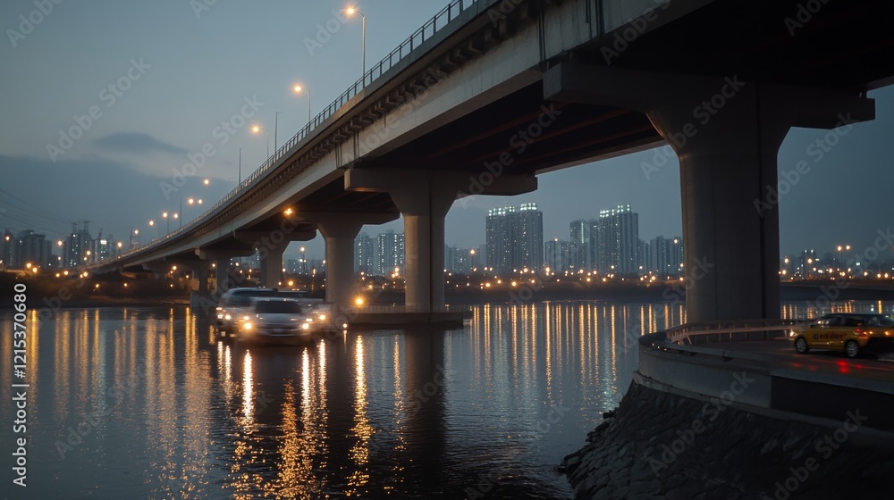 Sleek car cruises under a city bridge at dusk, reflecting the urban skyline on the calm river below. Sleek car cruises under a city bridge at dusk, reflecting the urban skyline on the calm river below.
