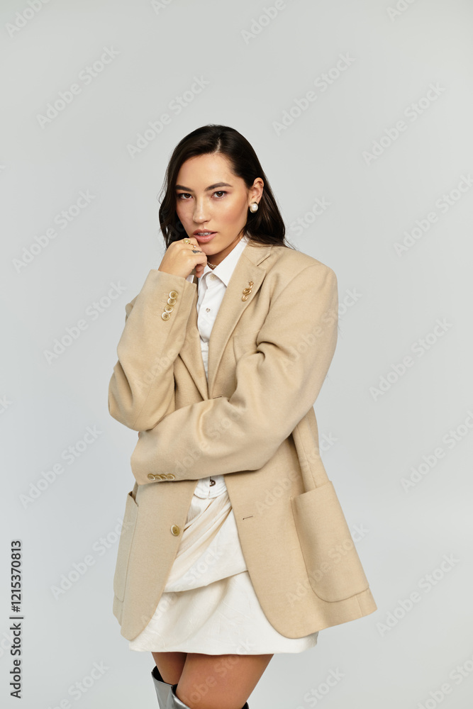 A stylishly dressed woman in a beige blazer and white shirt exudes confidence. A stylishly dressed woman in a beige blazer and white shirt exudes confidence.