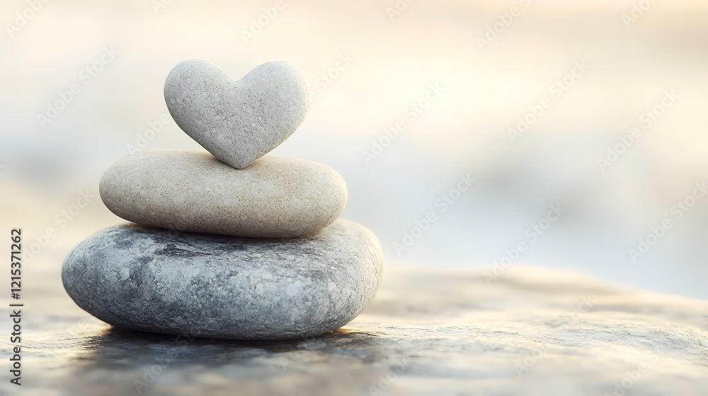 Heart-shaped stone balanced on pebbles, beach sunset background; serenity, peace, love concept Heart-shaped stone balanced on pebbles, beach sunset background; serenity, peace, love concept