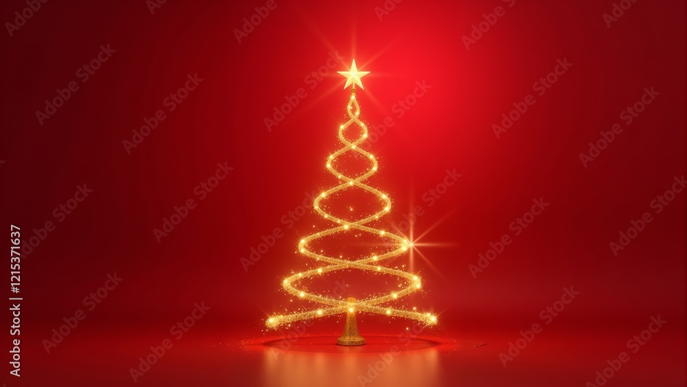 Sparkling golden Christmas tree shimmers against vibrant red backdrop during festive season Sparkling golden Christmas tree shimmers against vibrant red backdrop during festive season