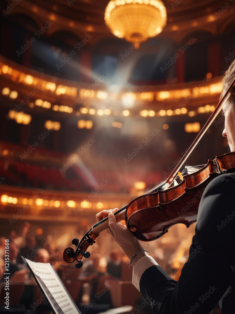 Fototapeta premium A violinist passionately performing on stage in a grand theater, with warm golden lighting highlighting the elegance of the instrument. Generative AI