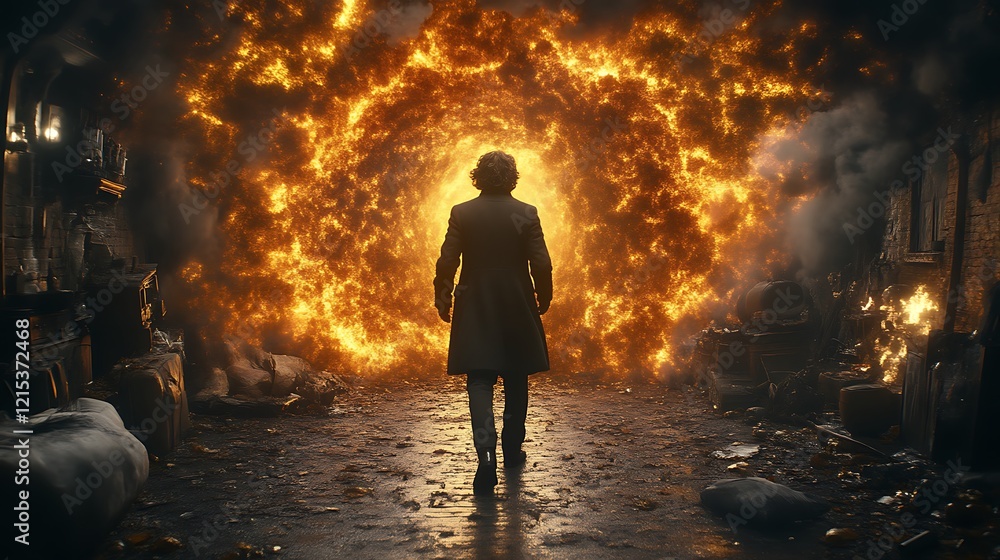 Man Walks Towards Fiery Portal In Desolate Setting Man Walks Towards Fiery Portal In Desolate Setting