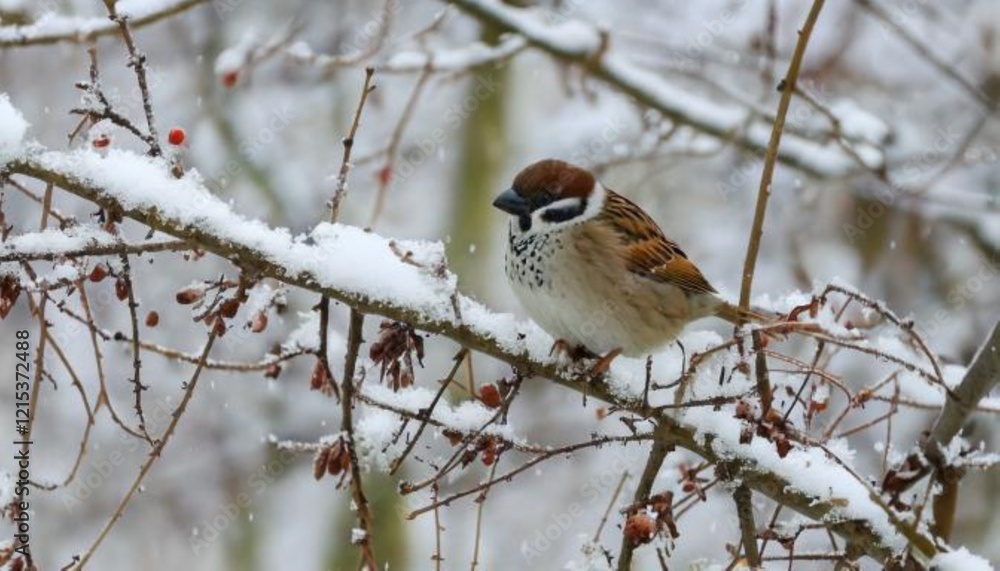 Eurasian Tree Sparrow on Branch During First Snowfall, Winter Wildlife Scene Eurasian Tree Sparrow on Branch During First Snowfall, Winter Wildlife Scene