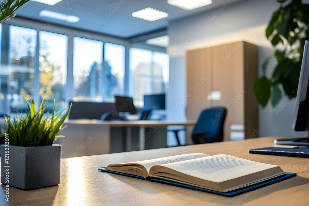 Open book placed on a wooden desk in a professional office environment Open book placed on a wooden desk in a professional office environment